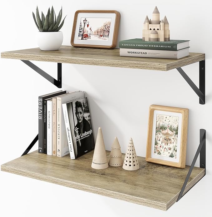 Deep Floating Shelves Wall Mounted, 24"x12" Gray Wall Shelves with Brackets Set of 2 for Bedroom, Living Room, Bathroom, Kitc