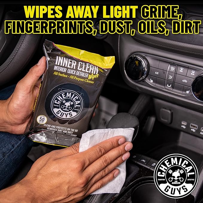 Chemical Guys InnerClean Interior Quick Detailer & Protectant Wipes – 50 Pack Multi Surface Interior Cleaner Wipes for Dashbo
