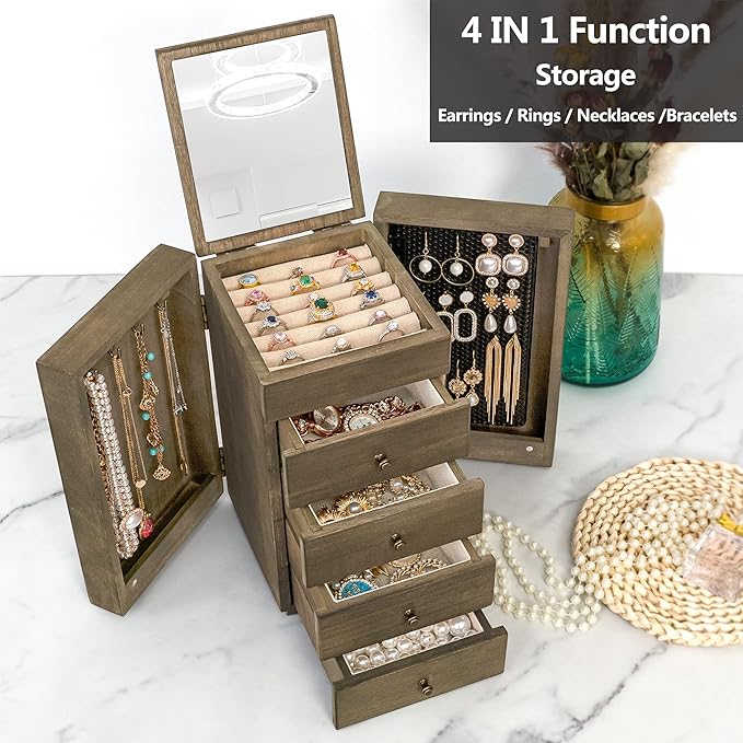 Meangood Jewelry Box Wood for Women, 5-Layer Large Organizer Box with Mirror & 4 Drawers for Rings, Earrings, Necklaces, Vint