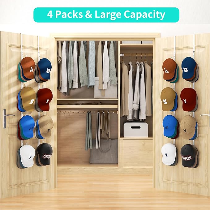HapiRm Over Door Hat Rack - 4 Packs Metal Hanging Hat Organizer with 16 Hooks Design, Baseball Cap Hanger Organizer Storage H