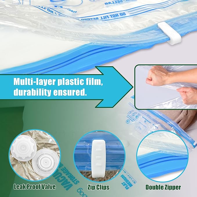 HIBAG Vacuum Storage Bags, 10 Space Saver Bags, Polyethylene (PE), Jumbo & Large Sizes, Zipper Closure, Vacuum Sealed, Ideal 