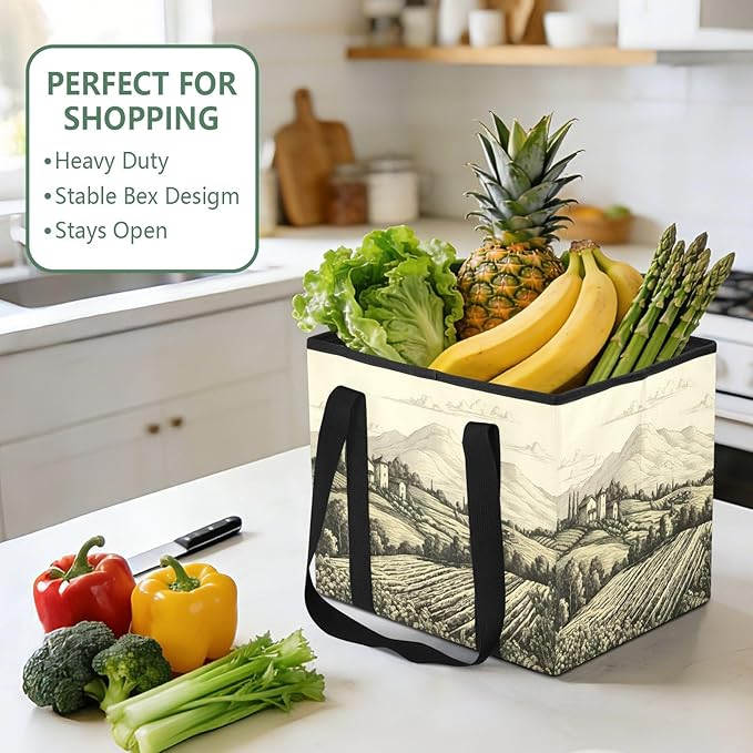Tuscan Countryside Reusable Grocery Bags Large Shopping Tote Bag with Reinforced Bottom Board, Water Resistant Foldable Stora