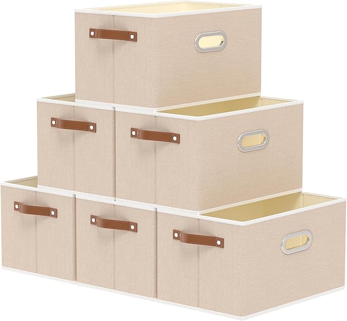 Yawinhe Fabric Storage Bins with Handles, Foldable Baskets for Shelves, Cubes with 3 Handles, Large Boxes for Clothes, Beige,