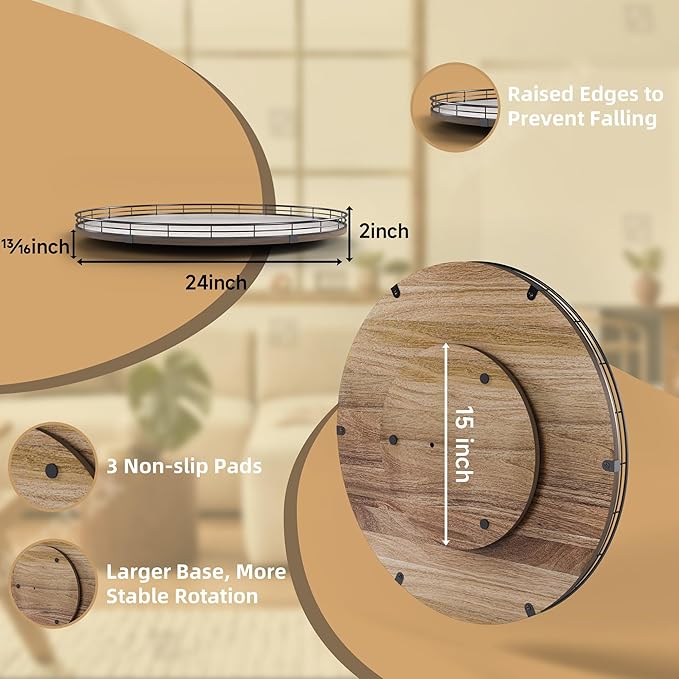 Acacia Wood 24" Lazy Susan Turntable Organizer for Table Top, Farmhouse Extra Large Round Lazy Susan for Serving Kitchen Coun