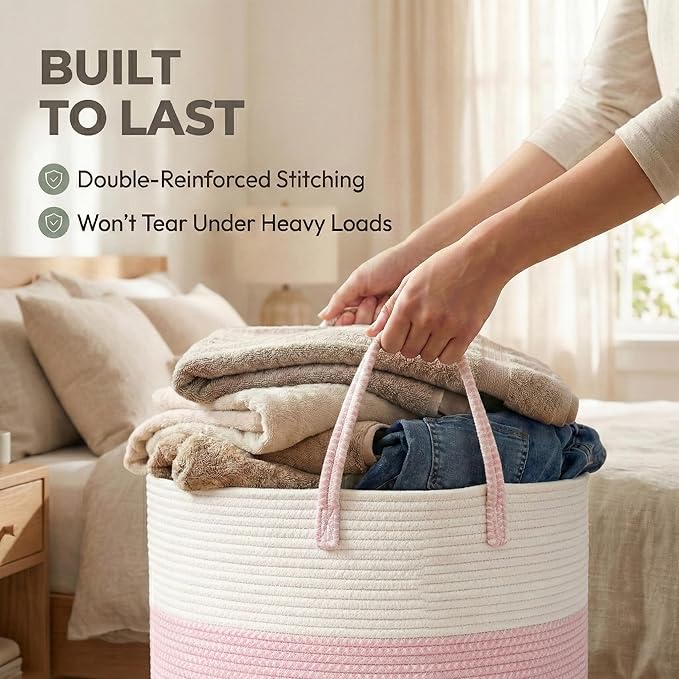 JMvicyroam 115L Extra Large Blanket Basket for Living Room - Woven Cotton Rope Laundry Hamper with Reinforced Handles - Stora