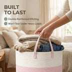 JMvicyroam 115L Extra Large Blanket Basket for Living Room - Woven Cotton Rope Laundry Hamper with Reinforced Handles - Stora
