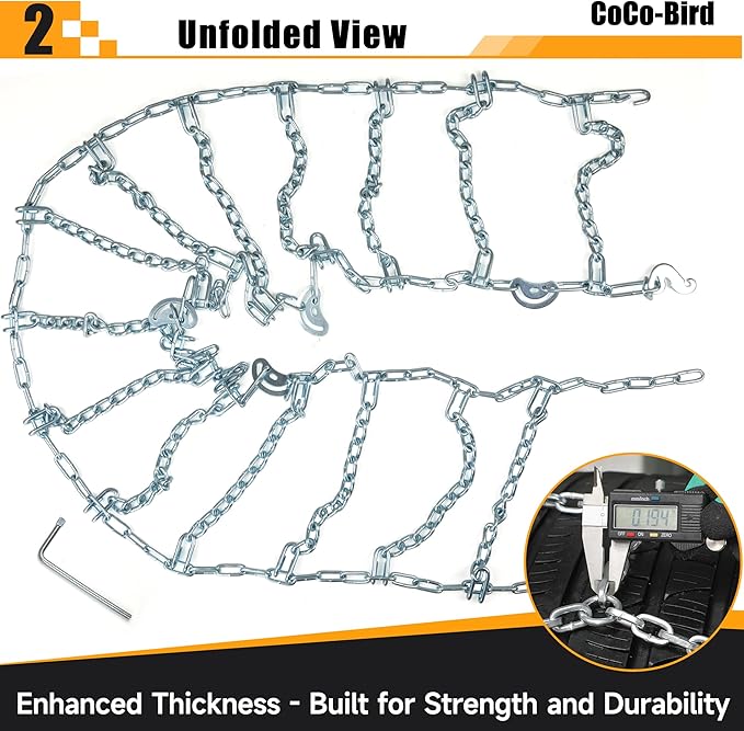 Heavy Duty Snow Chains Tire Chains for Truck & Light Truck, Durable High Carbon Steel Anti-Slip Design, Set of 2 (220295)