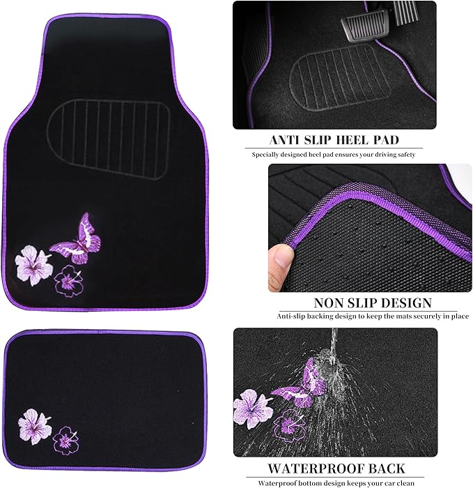 CAR PASS Butterfly Steering Wheel Cover and Waterproof Car Floor Mats,Purple Car Mats 14.5-15inch Steering Wheel Covers Unive