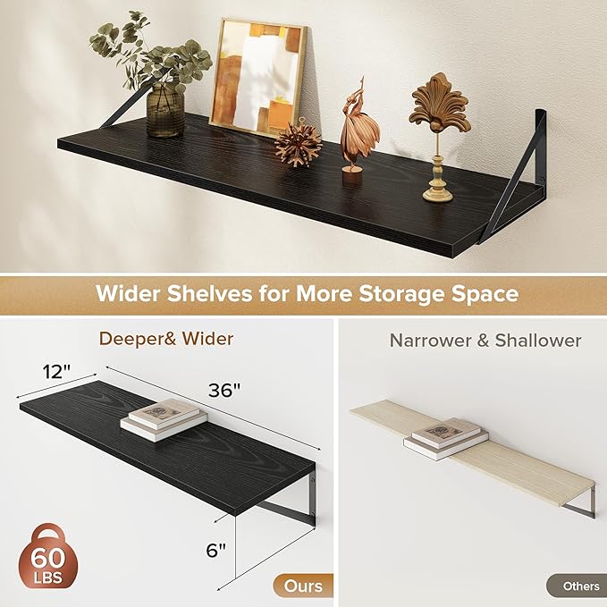 Deep Floating Shelves Wall Mounted, 36"x12" Black Wall Shelves with Brackets Set of 2 for Bedroom, Living Room, Bathroom, Kit
