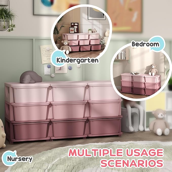 Qaba 3 Tier Kids Storage Unit, Toy Organizers and Storage with 9 Drawer Chest for Kids Bedroom Nursery Kindergarten Living Ro