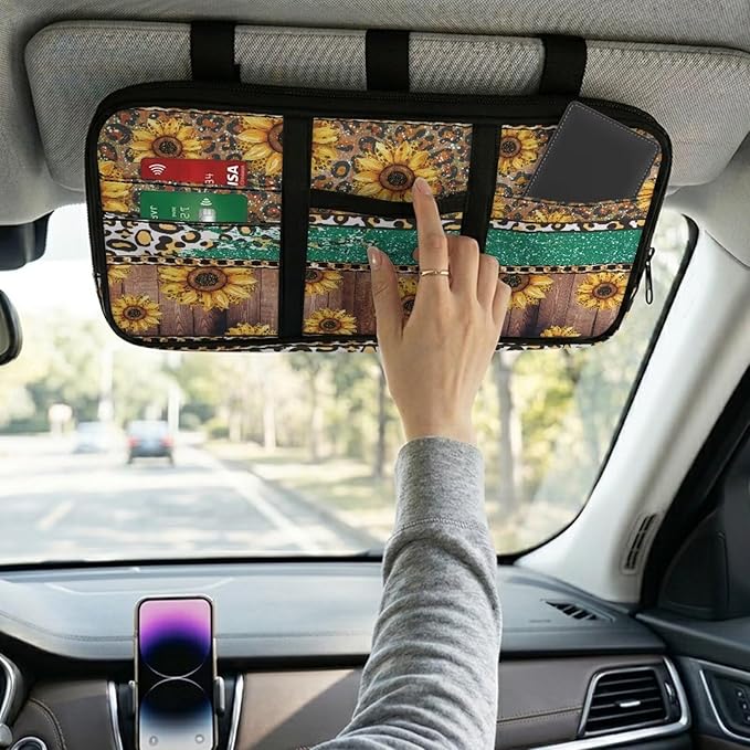 Sunflower Zippered Heavy Duty Sun Visor Organizer with Picture Holder Velcro Strap Storage Pouch with Multi-Pocket and Elastic Bands Easy Installation Universal Fit for Most Cars SUV