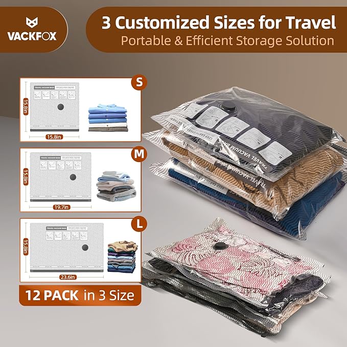 12 Pack Travel Vacuum Bags for Clothing,Compression Seal Packing Cubes for Suitcase Backpack,Vacuum Seal Bags for Clothing,Ca
