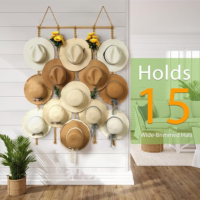 Macrame Hat Organizer Rack for Wall 15 Clips 31x66in Large Fedora Hat Hangers Display for Wide Brimmed Hat Holder Storage Boh