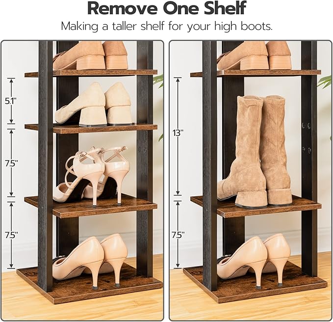 HOOBRO 8 Tiers Vertical Shoe Rack, Wooden Shoe Storage Organizer with Hooks, Narrow Shoe Tower for 8 Pairs, Space Saving, for