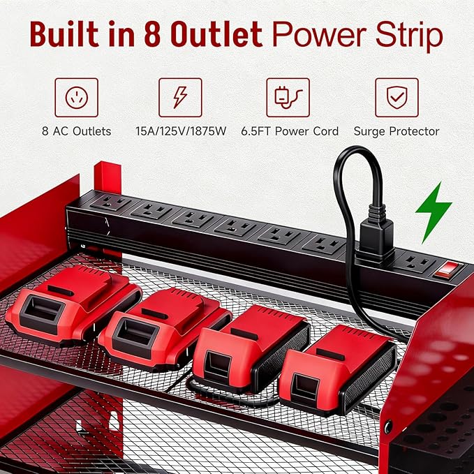 Power Tool Organizer Wall Mount with Charging Station, Heavy Duty 3 Layers Tool Storage Rack with 4 Cordless Drill Holder, Ba