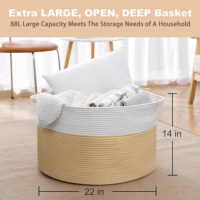MEGASKET Extra Large Storage Basket, 22” x 22” x 14” Cotton Rope Bins for Storage, Wicker Baby Laundry Basket, Kids, Woven Ki