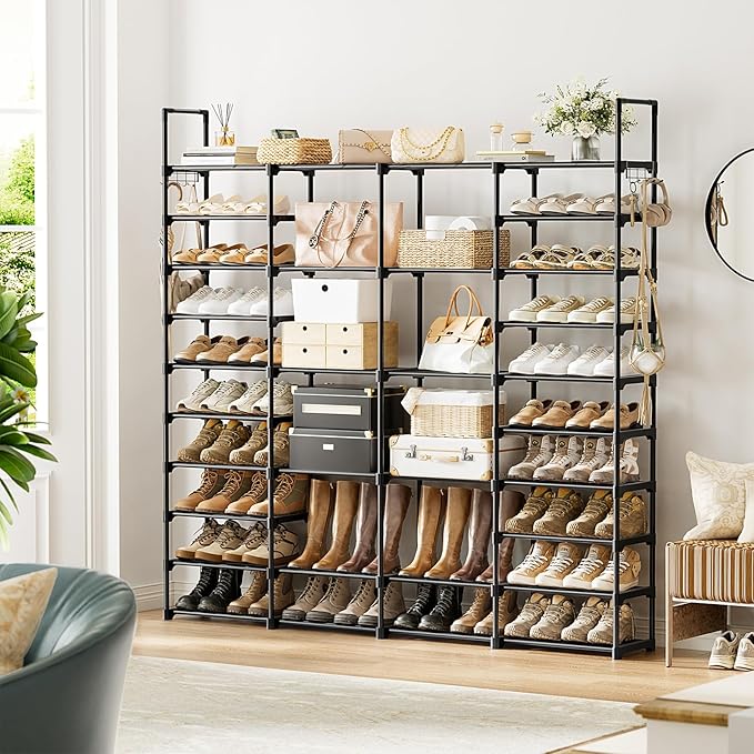 WOWLIVE 4 Row 10 Tiers Extra Large Shoe Rack Big Tall Metal Shoe Shelf, Heavy Duty Organizer for Closet Entryway, Boot Rack S