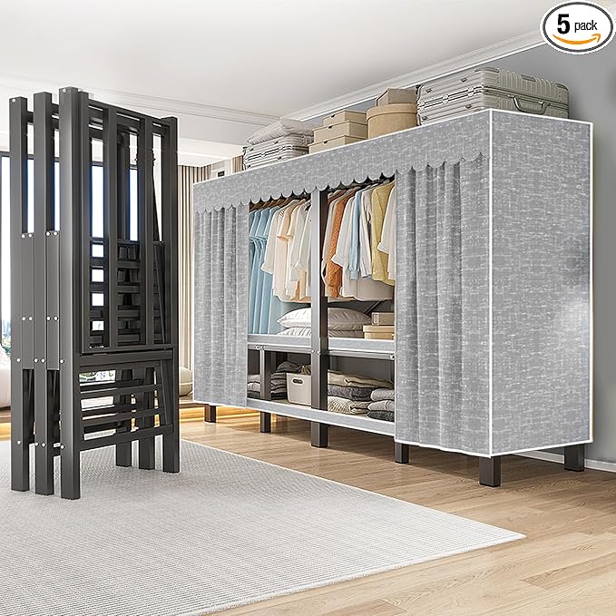 FPIGSHS 75in Heavy Duty Clothes Rack with Cover Foldable Covered Clothes Rack for Hanging Clothes portable Wardrobe Closet Sy