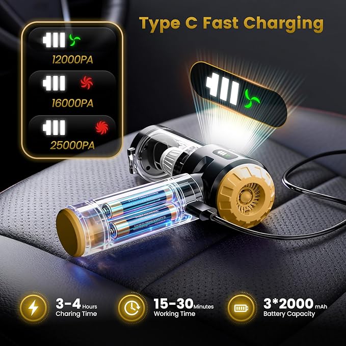 Wansimoo Handheld Car Vacuum Cleaner,25000PA Strong Cyclonic Suction Foldable Mini Vacuum Portable Cordless with Digital Disp