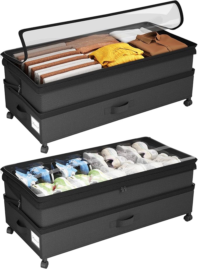 Kitstorack 2Pack Height-adjustable Under Bed Storage with Wheels, Under Bed Storage Containers,Under Bed Shoe Storage Organiz