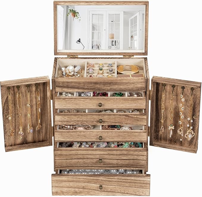 Emfogo Wooden Jewelry Box for Women, 6-Tier Large Jewelry Organizer Boxes with Mirror Rustic Solid Wood jewlery Storage Displ