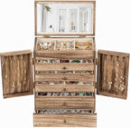Emfogo Wooden Jewelry Box for Women, 6-Tier Large Jewelry Organizer Boxes with Mirror Rustic Solid Wood jewlery Storage Displ