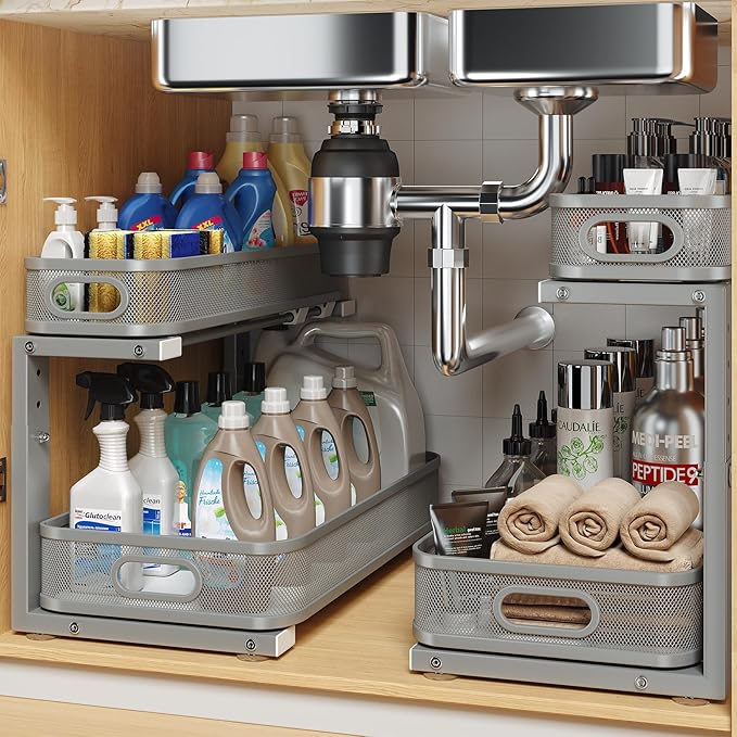 2 Pack 17.3IN-Depth Under Sink Organizer with Smooth Cylindrical Rail,2-Tier Pull Out Multi-Purpose Cabinet Storage for Bathr