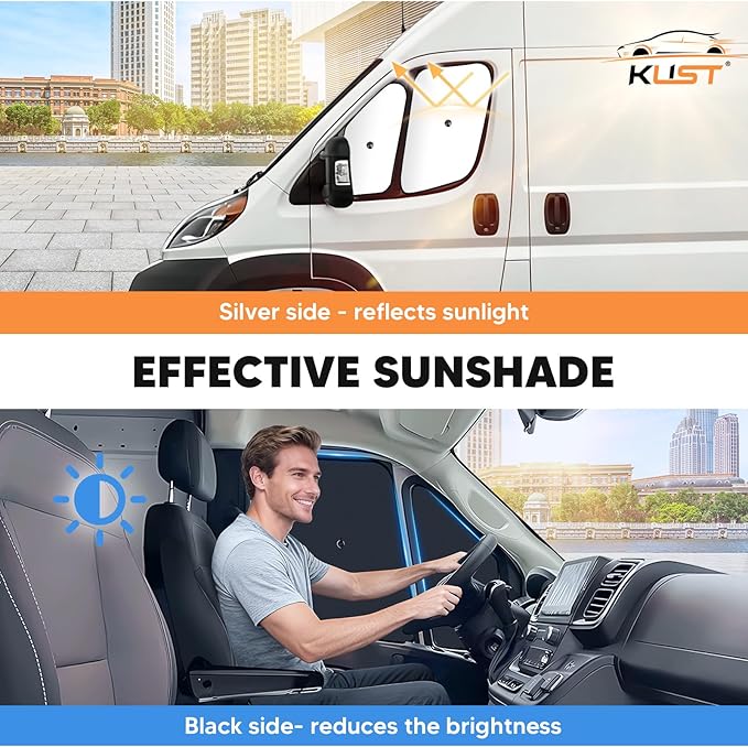 KUST 4-Pack Window Sun Shade for 2014-2025 Dodge RAM ProMaster 1500 2500 3500, Interior Accessories Cargo Van Sunshade Full Coverage Window Shades Silver & Black, Sun Shield Blocks UV Rays Heat