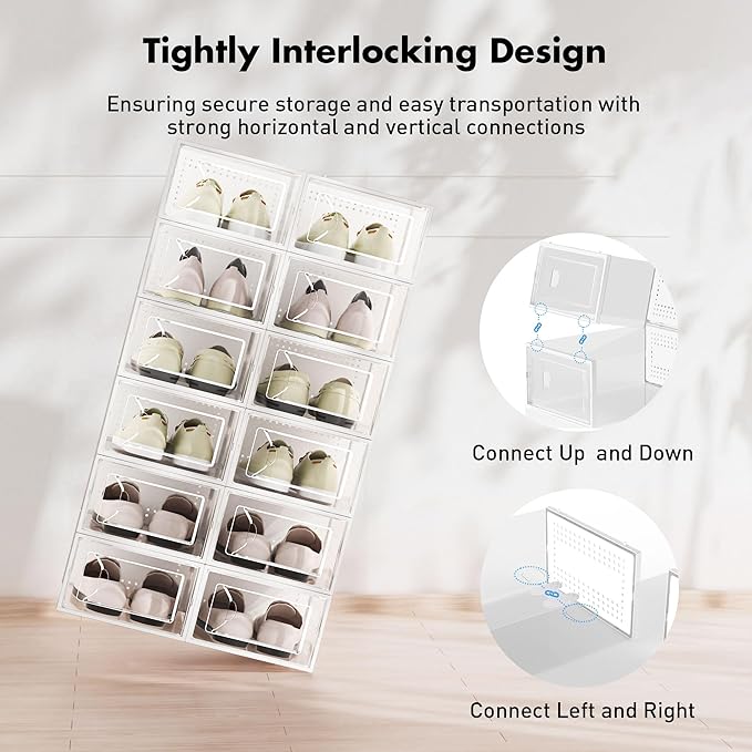 Foluck Shoe Storage Box, 15 Pack Clear Plastic Stackable Shoe Organizer for Closet, Interlocking Design Shoe Container Bins f