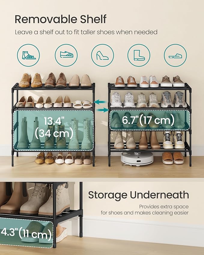 SONGMICS 4-Tier Shoe Rack for Closet, Compact Metal Shoe Organizer Shelf for Entryway, Bedroom, Small Spaces, Stackable, 11.8