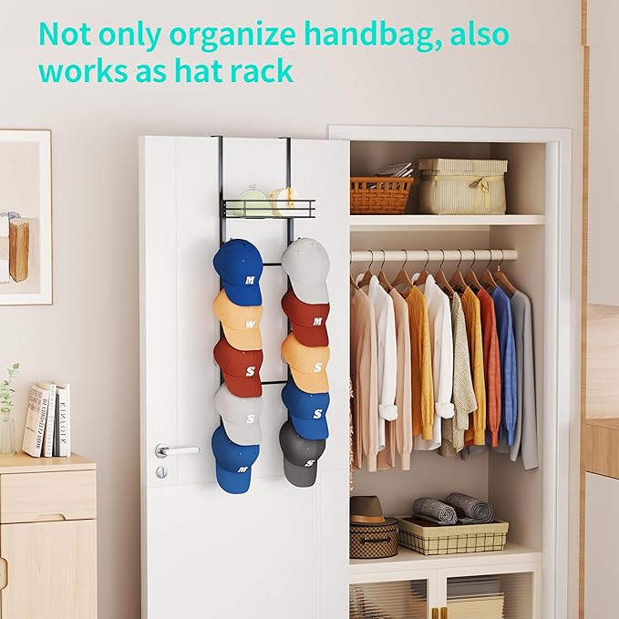 HapiRm Over The Door Purse Organizer - Wall Mounted Purse Rack with 10 Hooks and Metal Basket, Hanging Handbag Organizer Hold
