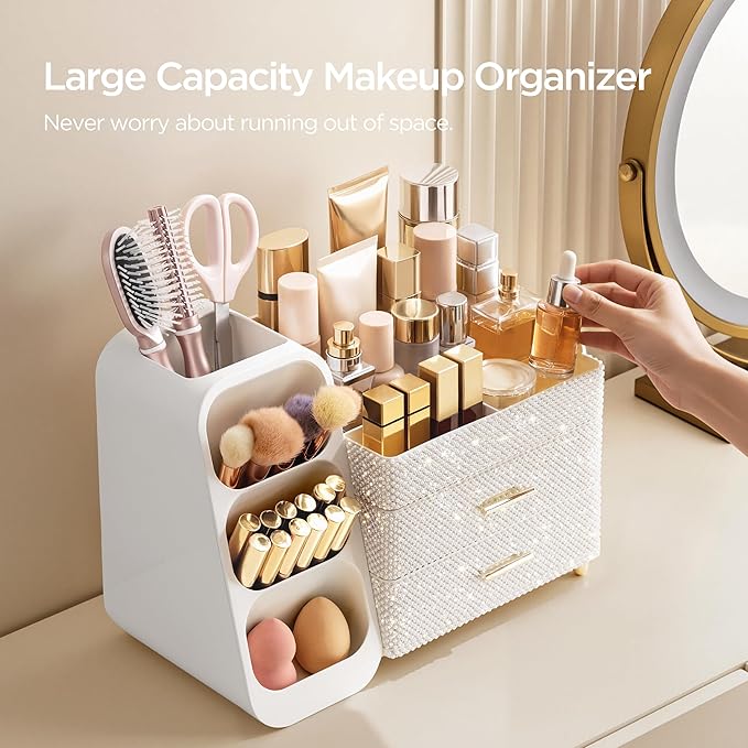 HBlife Makeup Organizer with Brush Holder for Vanity, Large Plastic Bathroom Countertop Organizer Skin Care Storage, Easy to 