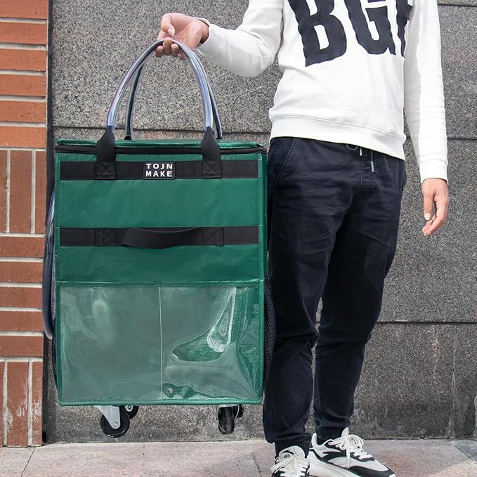 Reusable Grocery Bag On Wheels(Medium, Green), Rolling Tote Bag, Shopping Bag on Wheel, 8 Pockets and Zipper Cover for Trips, Foldable, Heavy Duty Handles, Carries Up to 66LBS