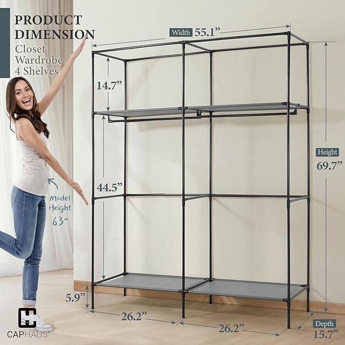 CAPHAUS 55-Inch Clothing Rack with Cover, Portable Closet Wardrobe, Covered Garment Rack for Hanging Clothes, 190LB Capacity 