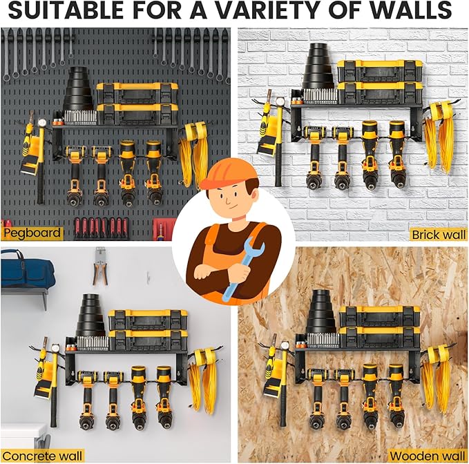 TRZZ Power Tool Organizer Wall Mount, 2-Tier Cordless Drill Rack with 4 Drill Holders and 2 Side Pegboards, Efficient Drill S