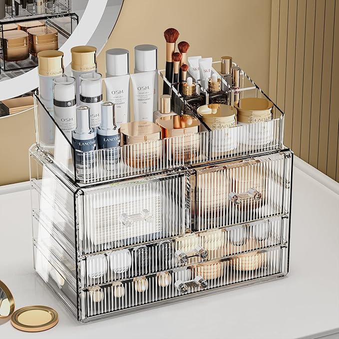 ZHIAI Stackable Storage Drawers, Acrylic Bathroom Counter Organizer Clear Makeup Organizers for Vanity, Kitchen Cabinets, Bat