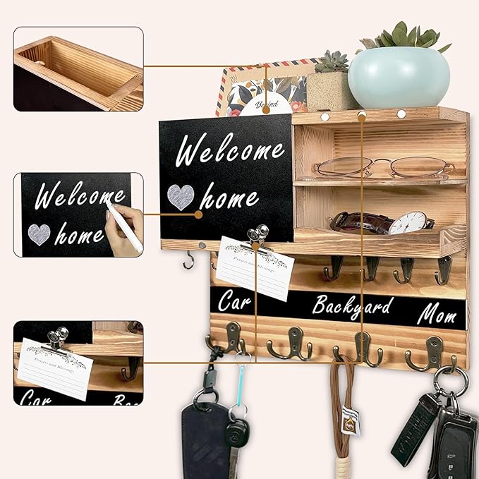 Key Holder for Wall Mounted Keys and Mail Holder Decorative Farmhouse Organizer Wall Hanger with Hooks Small Key Shelf for Ho