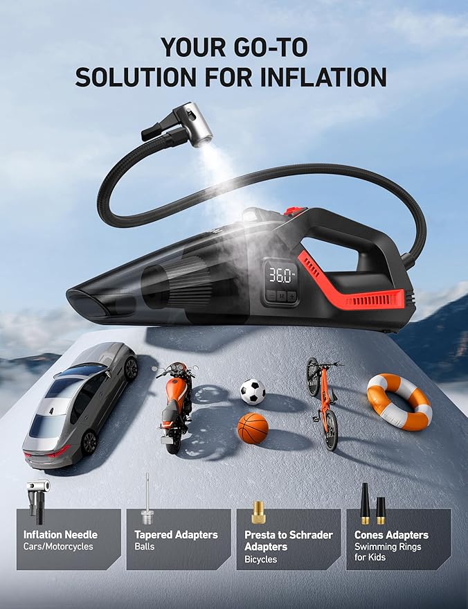 AstroAI 4-in-1 Car Vacuum Cleaner and Tire Inflator Portable with Accessories Air Compressor Digital Dual Values Display, 150