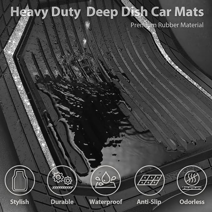 CAR PASS Glitter Heavy Duty Rubber Floor Mats for Car, Waterproof Liner Deep Dish Bling Car Mats Full Sets, Universal Trim to Fit for SUV Truck Sedans Vans, All Weather Floor Mats, Silver Sparkly
