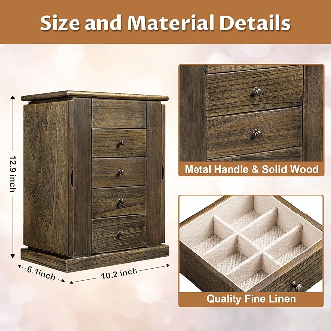 Emfogo Jewelry Box for Women, 5 Layer Large Wood Jewelry Boxes & Organizers for Necklaces Earrings Rings Bracelets, Rustic Je
