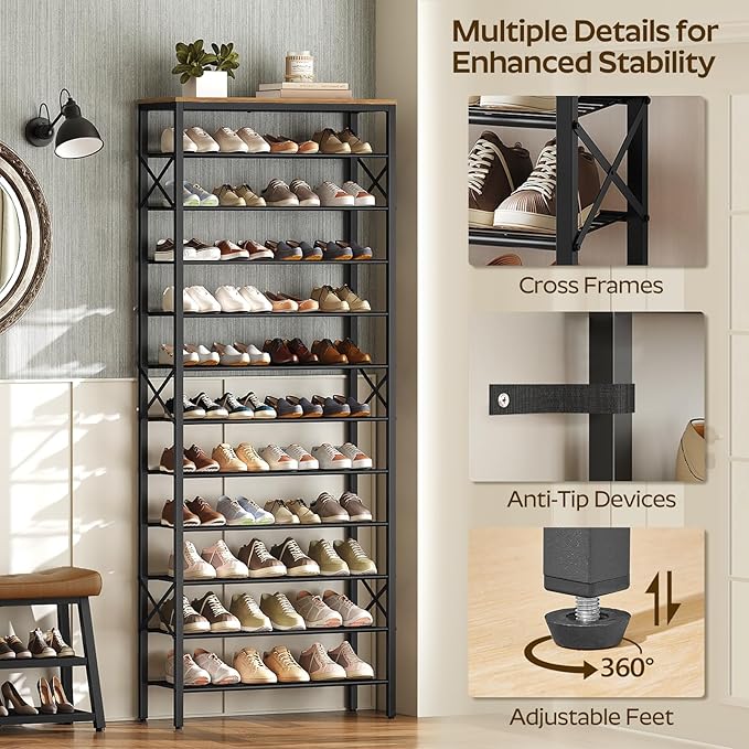 YATINEY 12 Tier Shoe Rack, Large Capacity Shoe Storage Organizer Holds 48 Pairs, Sturdy and Stable, for Entryway, Hallway, Cl