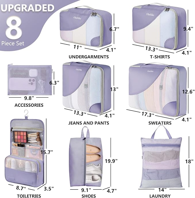 8 Set Packing Cubes for Travel, Gifts for Women Mom,Anti-Tearing Suitcase Organizer for Luggage with Shoe & Hanging Toiletry 