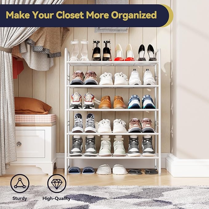 5 Tier Shoe Rack Closet Metal Heavy Duty, Stackable, White