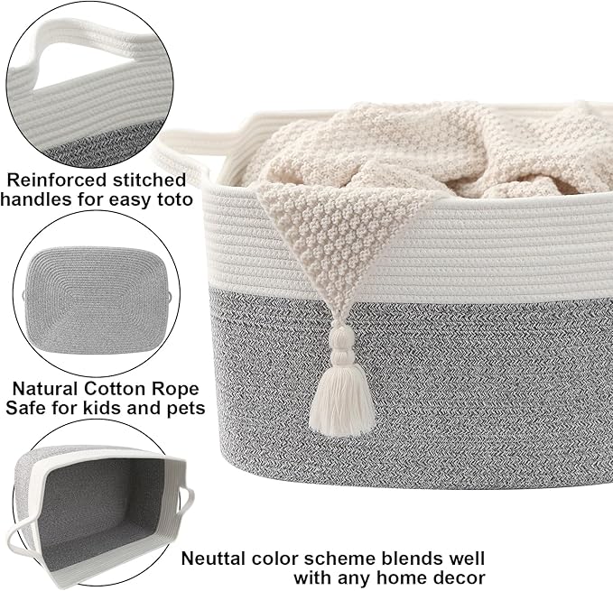 65L Large Blanket Basket,21"x16"x12" Rectangle Storage Bin with Handles,Woven Rope Laundry Basket for Toys, Clothes,Pillows,M