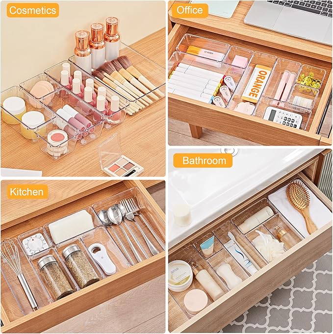 SMARTAKE 28 Piece Drawer Organizers with Non-Slip Silicone Pads, 4-Size Desk Drawer Organizer Trays Storage Tray for Makeup, 
