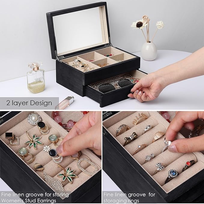 Meangood Jewelry Box Organizer for Women, 2 Layer Large Jewelry Storage Case, Rustic Wooden Jewelry Box with Mirror & Ring Tr
