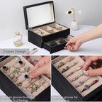 Meangood Jewelry Box Organizer for Women, 2 Layer Large Jewelry Storage Case, Rustic Wooden Jewelry Box with Mirror & Ring Tr