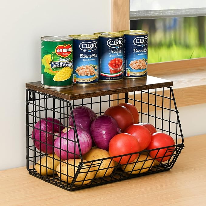 Wetheny 2pcs Fruit Basket Onion Storage Wire Basket with Wood Top- Wall Mounted & Stackable Kitchen Counter Organizer,Cabinet
