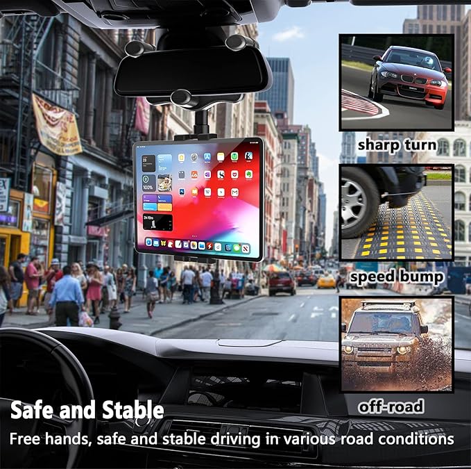 Car Rearview Mirror Tablet Mount, Truck Rear View Mirror Tablet Phone Holder Bracket with Adjustable Arm [Rotatable 360° & Retractable] for iPad Air Mini, Galaxy, Fire, iPhone, 4-11"