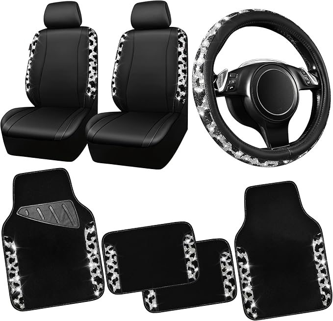 CAR PASS Leather Cow Bling Diamond Car Seat Covers Front & Rhinestone Carpet Car Floor Mats & Sparkly Steering Wheel Cover 15